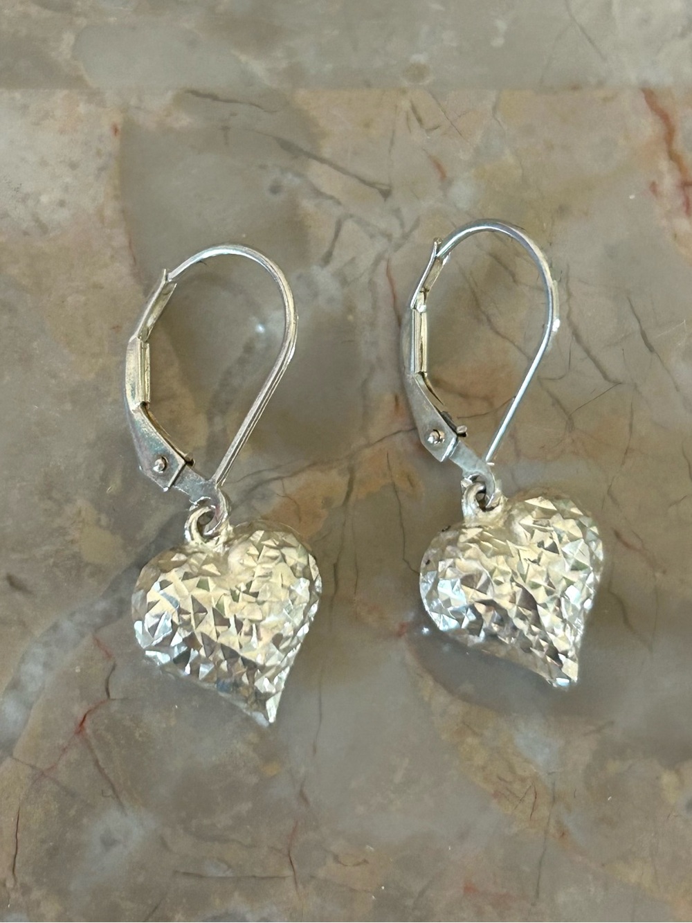 Silver 925  Heart Diamond Cut Dangle Leverback Earrings